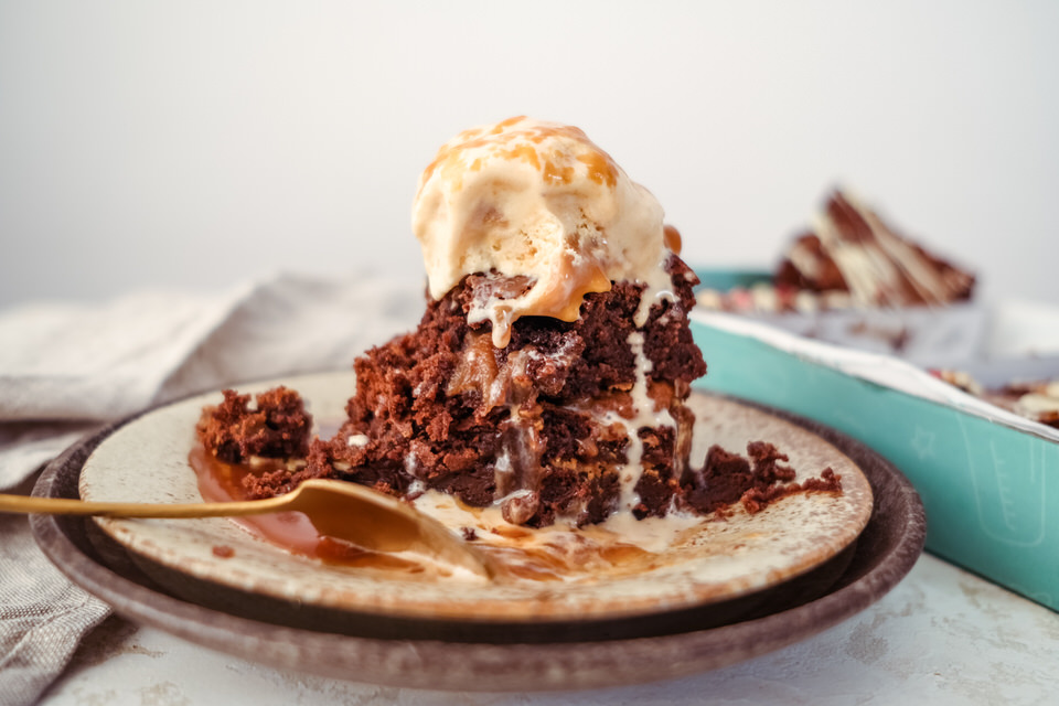 half eaten brownie with ice cream